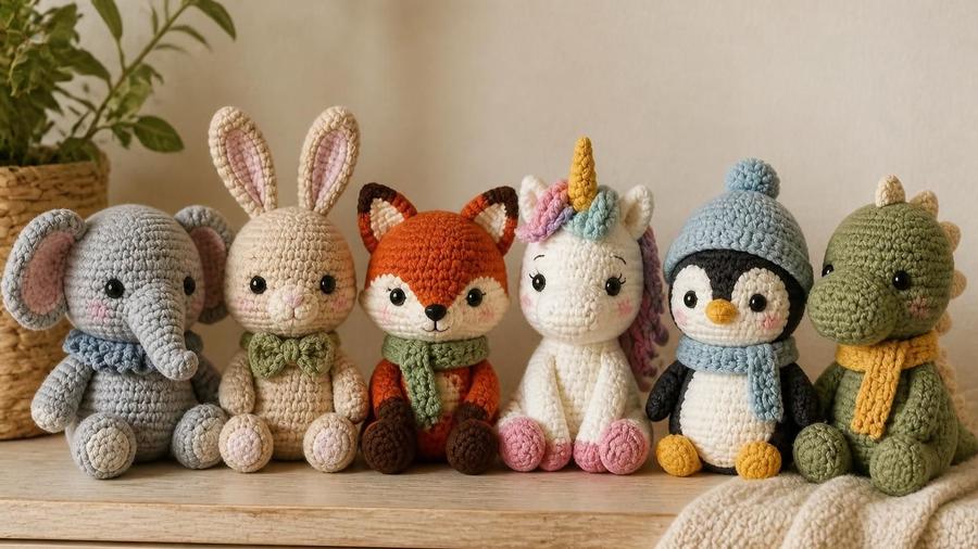 A row of small crochet amigurumi animals including an elephant, bunny, fox, unicorn, penguin, and dinosaur, lined up on a wooden shelf.