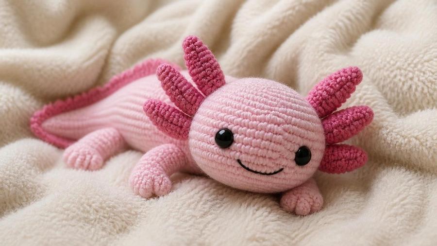 A pale pink crochet amigurumi axolotl with fluffy external gills and a wide smiling face.