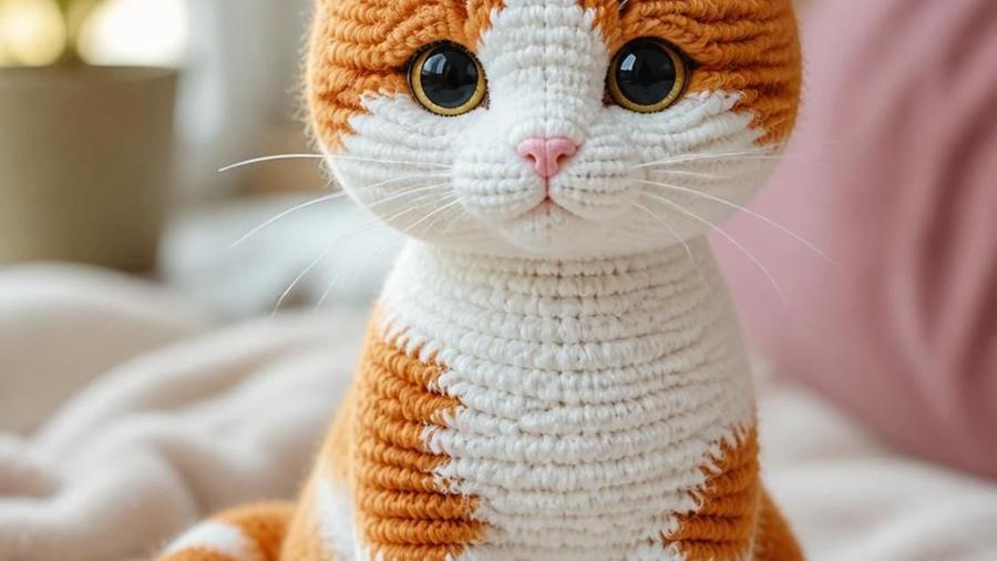 A crocheted amigurumi cat with orange and white color-block fur, sitting upright with a curled tail, on a soft blanket.