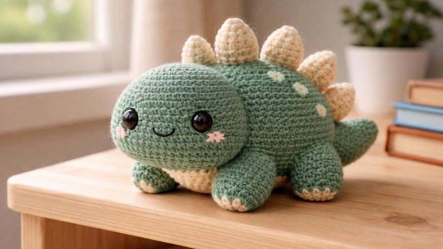 A friendly green amigurumi stegosaurus with soft cream back spikes, sitting on a wooden table.