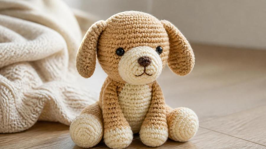 A crocheted amigurumi puppy in tan and cream with floppy ears, sitting on a wooden floor next to a knit blanket.