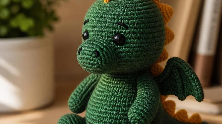 A green crochet amigurumi dragon with gold contrast spikes along its back and small folded wings, sitting on a wooden shelf.