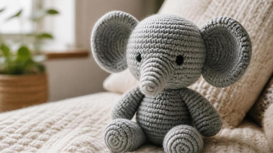 A grey amigurumi elephant with big floppy ears and a curved trunk, sitting on a knitted blanket.