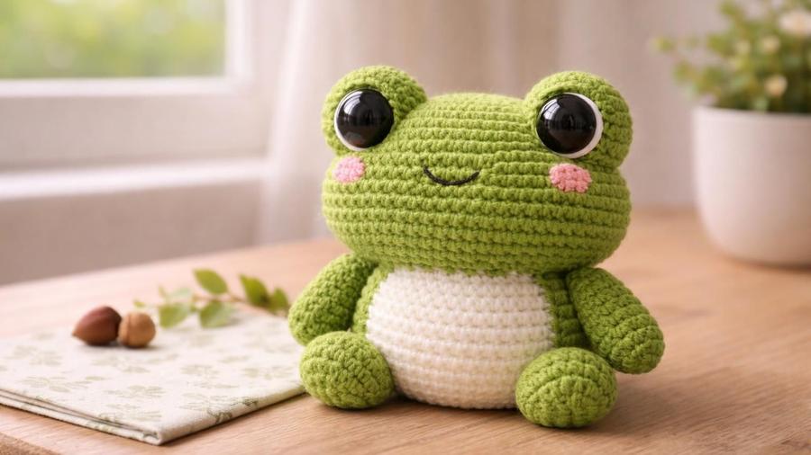 A green amigurumi frog with big round bulging eyes and a white belly, sitting on a wooden table.