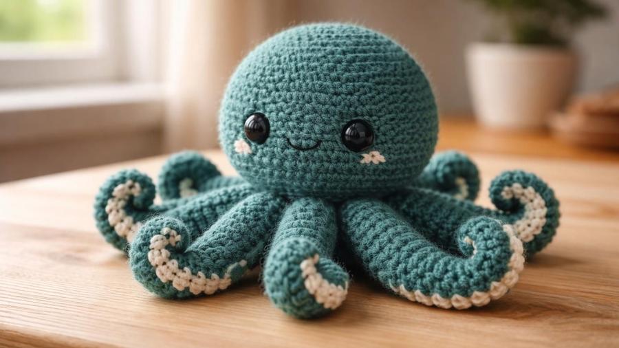 A teal amigurumi octopus with eight curly white-tipped tentacles, sitting on a wooden table.