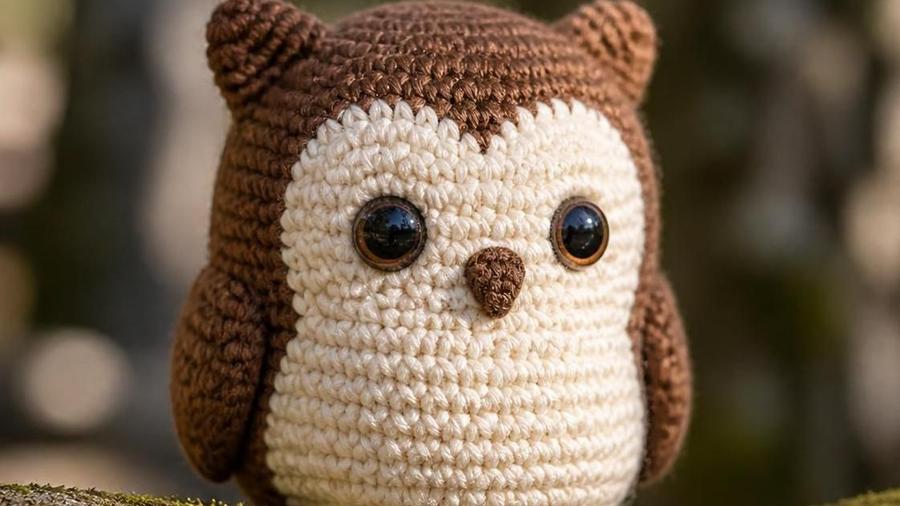 A crochet amigurumi owl with a contrast-color belly patch and small pointed ear tufts, sitting upright.