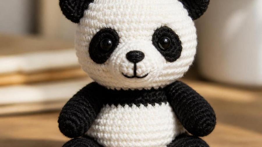 A black and white crochet amigurumi panda sitting upright with round black eye patches and ears, on a wooden surface.