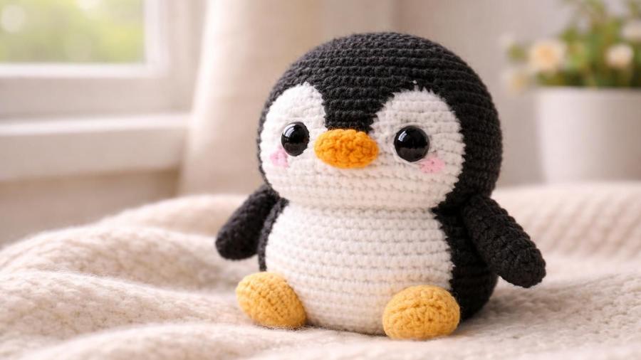 A black and white amigurumi penguin with an orange folded beak and webbed feet, sitting on a soft blanket.
