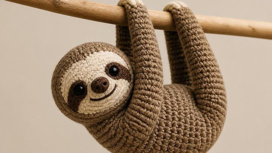 A crochet amigurumi sloth in brown and cream yarn hanging by its arms from a wooden branch prop, showing its face and long curved arms.