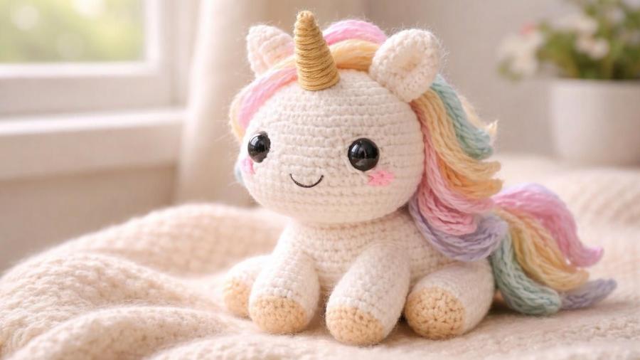A white amigurumi unicorn with a pastel rainbow yarn mane and tail and a gold horn, sitting on a soft blanket.