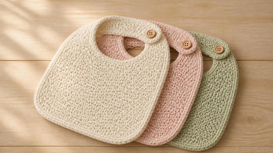 Three crochet baby bibs in cream, blush pink, and sage green, each with a button neck closure, stacked on a wooden table.