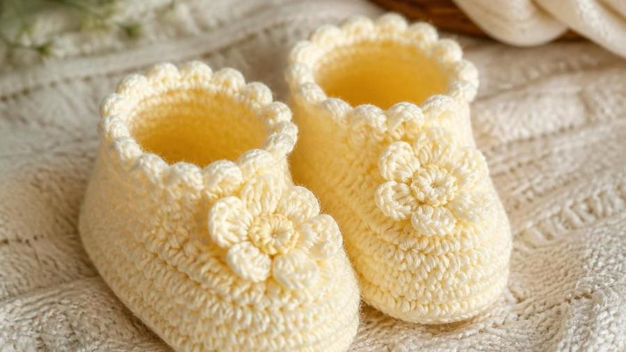 A pair of pale yellow crocheted baby booties with a scalloped cuff and a crocheted flower detail, on a soft knit blanket.