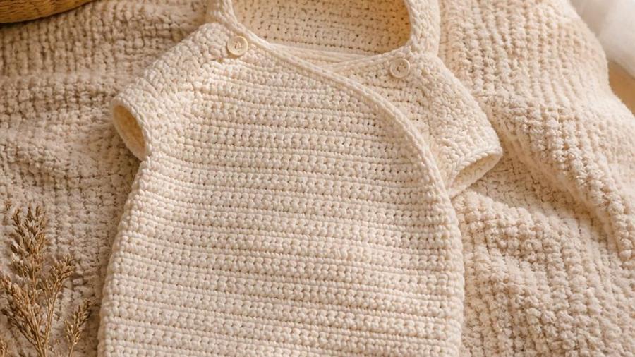 A soft cream crochet baby bunting sack with a hood and pom-pom, laid flat on a knit blanket.