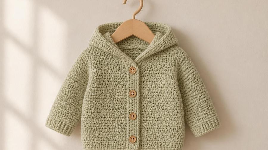 A sage green hooded baby cardigan with wooden buttons down the front, hanging on a small wooden hanger.