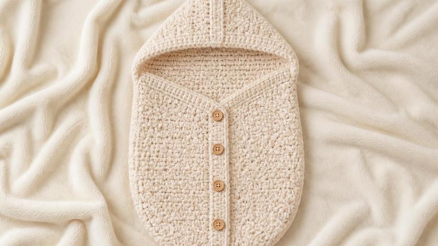 A cream crochet baby cocoon with a pointed hood and a button-front closure down the center, laid flat on a soft blanket.
