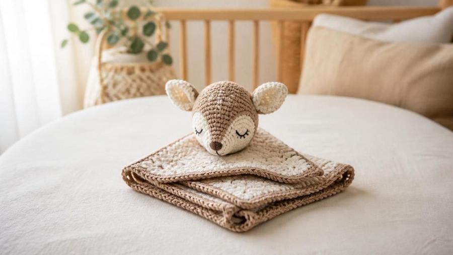 A crochet baby lovey with a deer head design, folded on a crib sheet