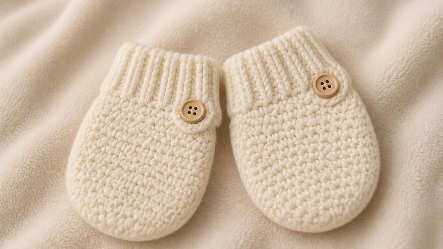 A pair of cream crochet baby scratch mittens with ribbed cuffs and small buttons, lying on a soft fleece blanket.