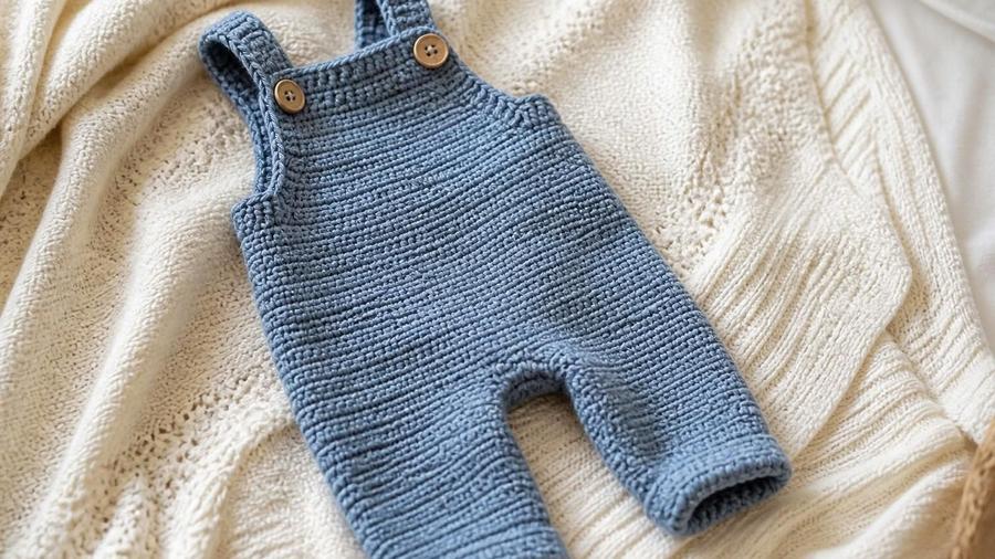 A pair of crochet baby overalls in soft denim-blue with button shoulder straps, laid flat on a cream knit blanket.