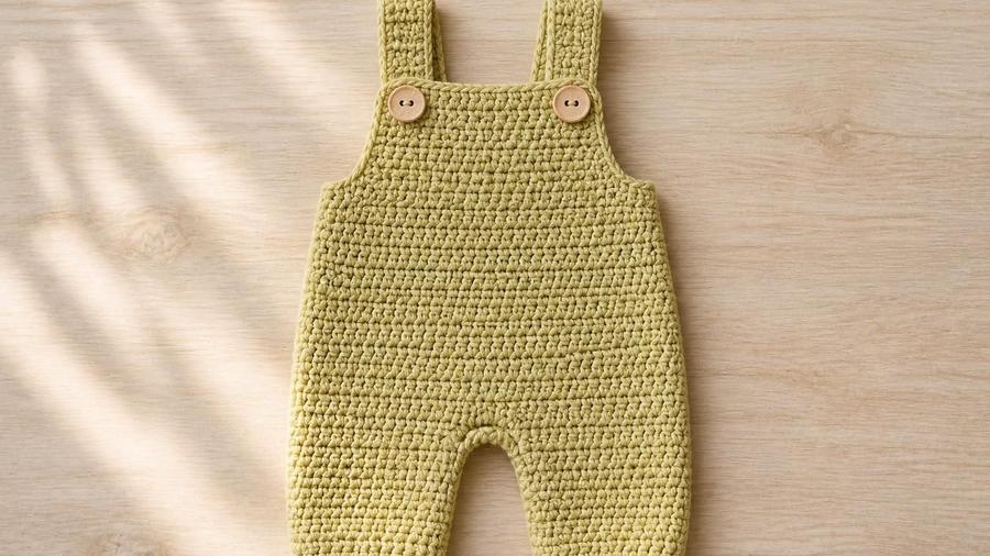 A cream crochet baby romper with full legs and button shoulder straps, laid flat.