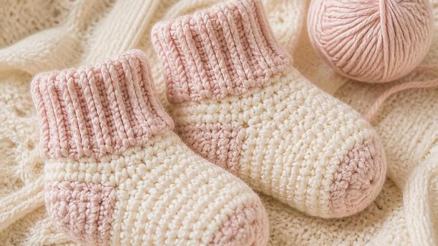A tiny pair of pink and cream crochet baby socks with ribbed cuffs, laid on a knit blanket next to a ball of pink yarn.
