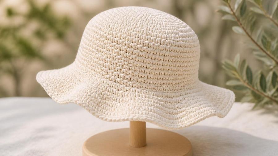 A cream crochet baby sun hat with a wide flared brim, shown on a light background.