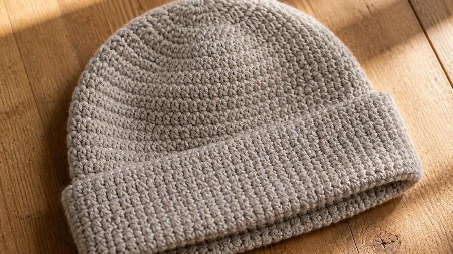 A crocheted adult beanie in oatmeal grey with a folded ribbed brim, laid on a wooden surface.