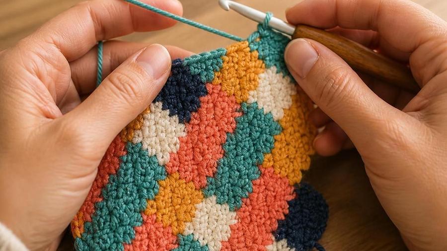 Close-up of hands using a crochet hook to work a corner-to-corner swatch in orange, teal, gold, and cream diagonal blocks.