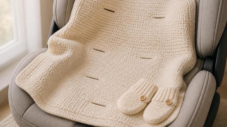 A cream crochet car seat blanket with buttonhole harness strap slots, laid across a buckled car seat.