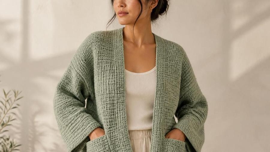 A woman wearing an open, oversized sage green crochet cardigan over a cream tank top.