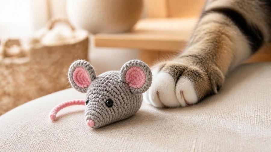 A small grey crochet mouse cat toy next to a cat's paw