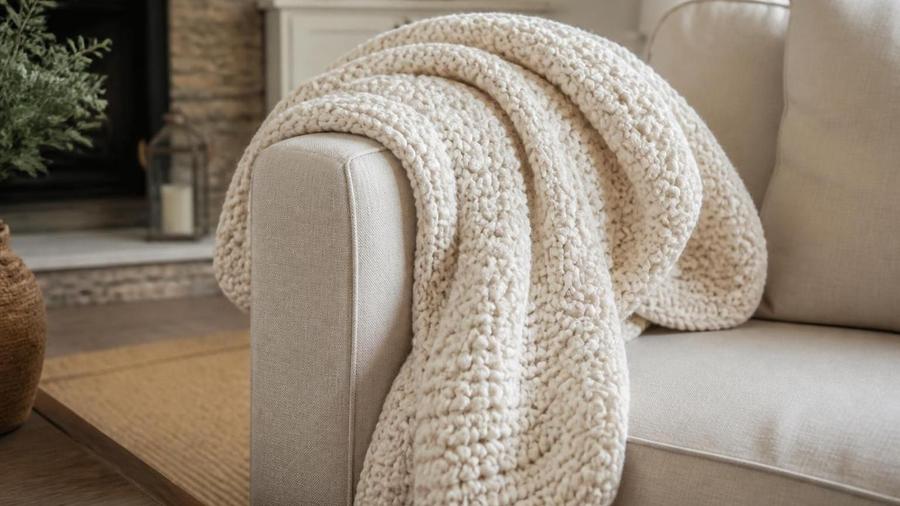 A chunky cream crochet throw blanket with nubby ridged texture, draped over the arm of a beige sofa near a fireplace.