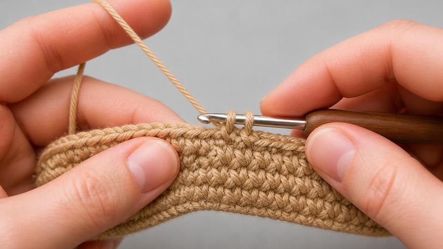 Hands holding yarn and a crochet hook mid-stitch, demonstrating a yarn tensioning grip.