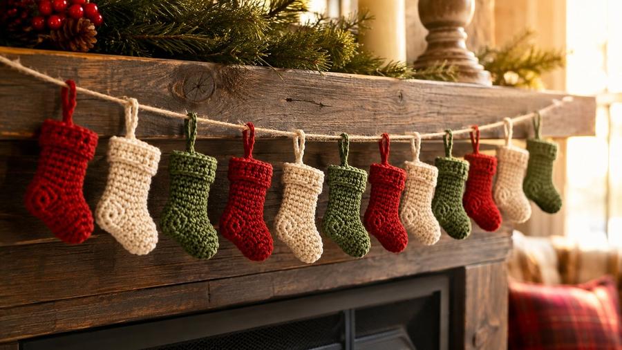 A garland of twelve tiny crochet mini stockings in red, cream, and green hanging on a mantel
