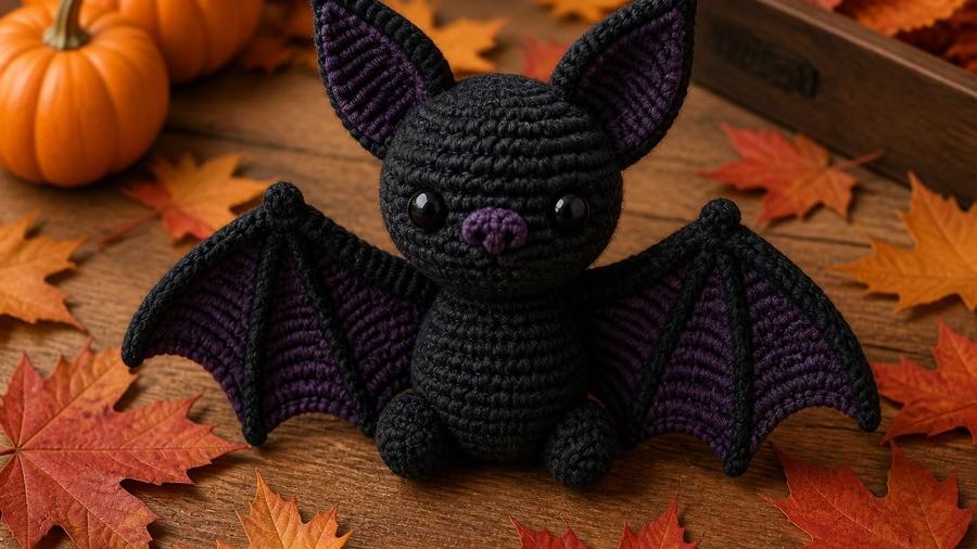 A black crochet amigurumi bat with spread wings and small pointed ears, sitting on a wooden surface.