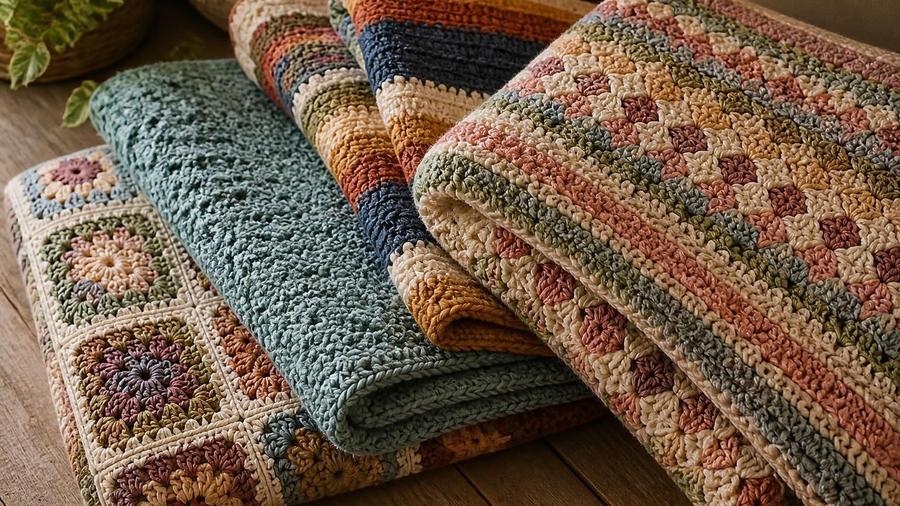 A stack of folded crochet blankets in different colors and stitch patterns, including granny squares, ripple stripes, and a solid textured throw.