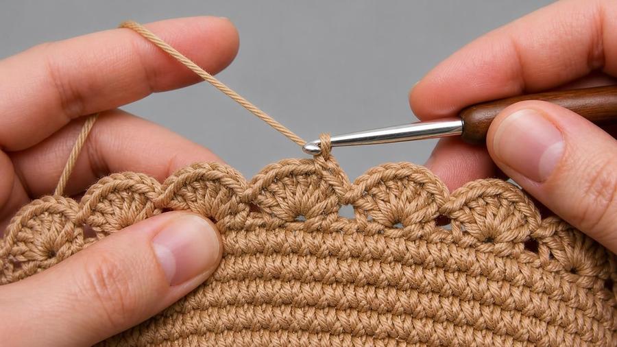 Close-up of a decorative scalloped crochet edging worked along the top of a piece, with a hook and yarn mid-stitch.
