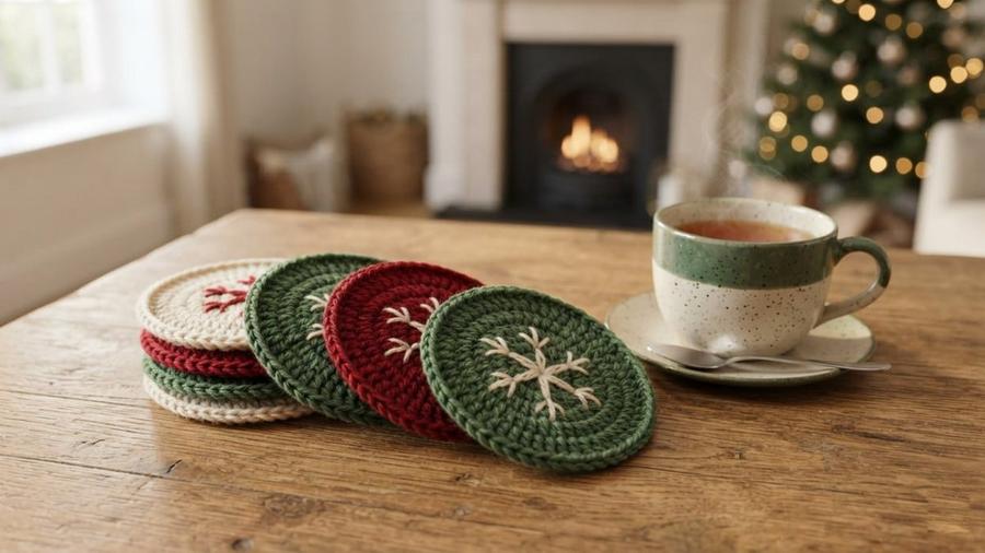 A stack of round crochet coasters in red, green, and cream with a snowflake motif