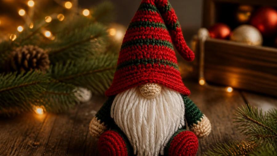 A crocheted gnome with a red and green striped hat, white yarn beard, and knit body, sitting among pine branches, pinecones, and Christmas ornaments.