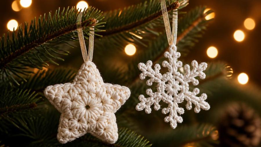 A crocheted white star and a crocheted white snowflake ornament hanging from a Christmas tree branch, with string lights in the background.
