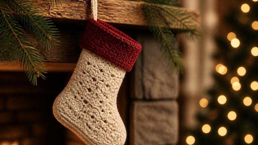 A crocheted cream stocking with a red ribbed cuff, hanging from a rustic wooden mantel with a Christmas tree and lights in the background.