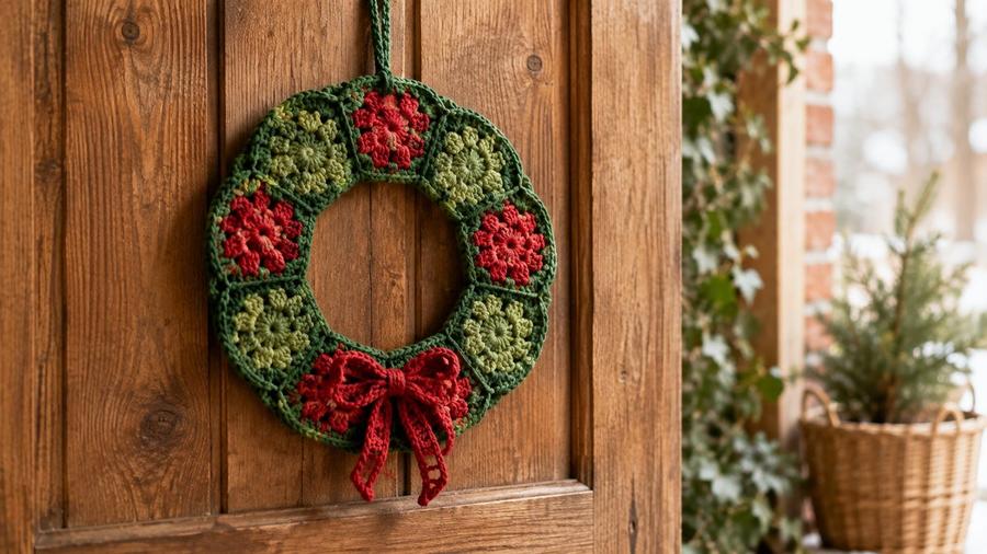 A round crochet Christmas wreath made of granny-square motifs in green and red with a bow