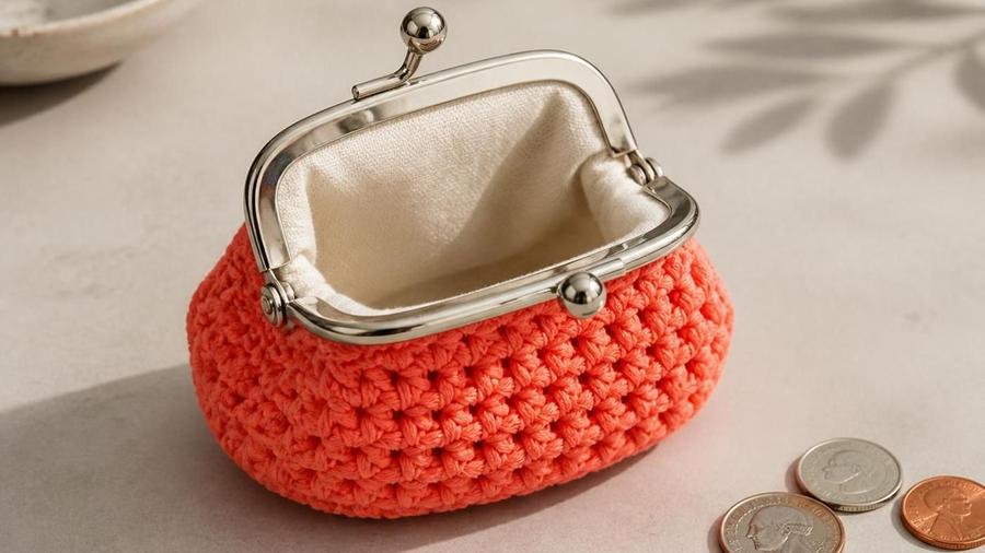 A small orange crochet coin purse with a silver kiss-lock clasp, open to show the cream lining, with coins nearby.