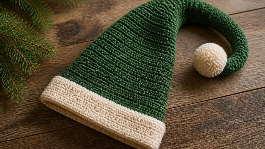 A long, pointed green crochet elf hat with a cream ribbed cuff and a white pom-pom, laid on a wooden table next to a pine branch.