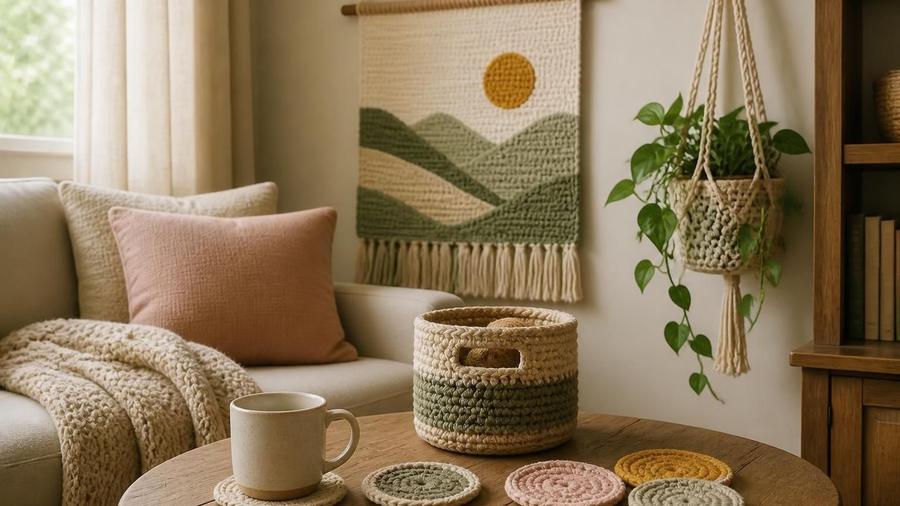 A cozy living room corner with a crochet wall hanging, hanging plant holder, basket, and coasters on a coffee table.