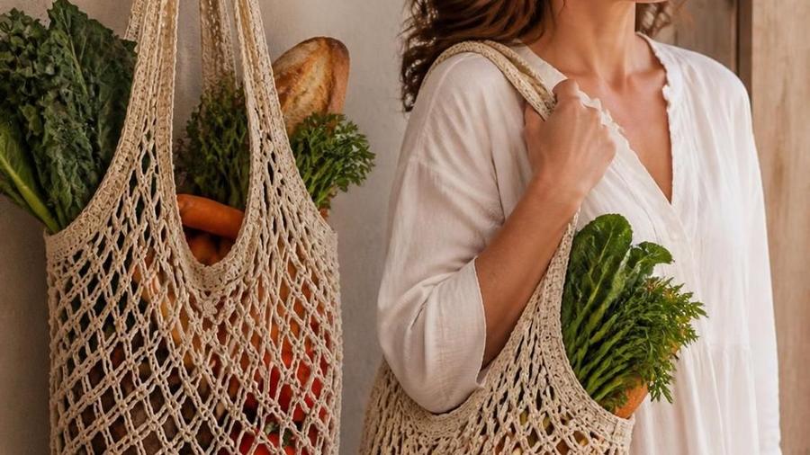 A woman carrying a mesh-style crochet market bag filled with fresh vegetables, with a second bag hanging nearby.