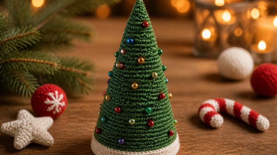 A crocheted cone-shaped mini Christmas tree in green, decorated with colorful beads and a white base, on a wooden table with candles and ornaments nearby.