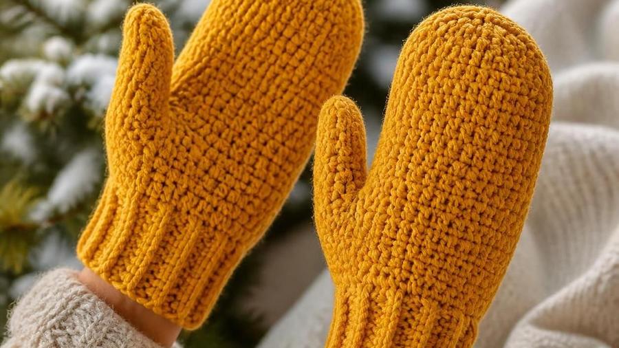 A pair of mustard-yellow crochet mittens with ribbed cuffs, worn on hands held up against a cozy winter background.
