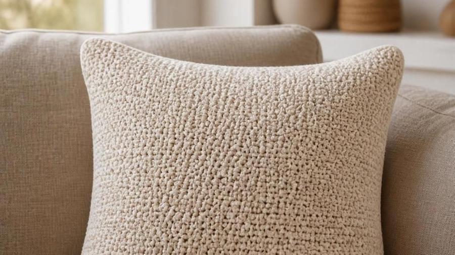 A textured cream crochet pillow cover on a linen sofa in a cozy living room setting.