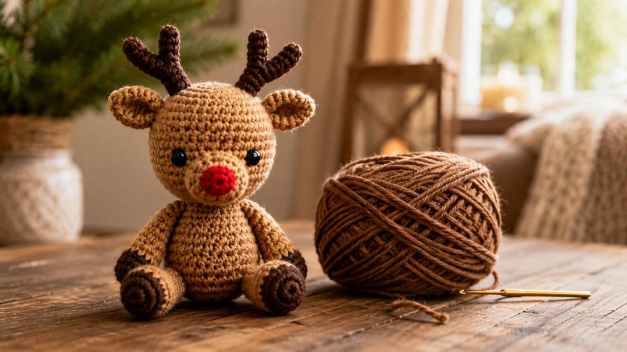A small crochet amigurumi reindeer in brown yarn with tiny antlers and a red nose