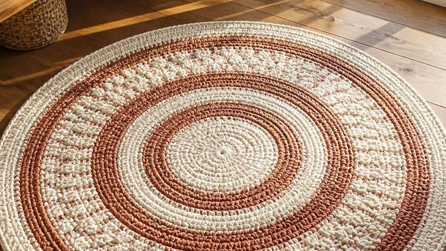 A round crochet floor rug in jumbo-weight yarn, laid on a wood floor in a living room setting.